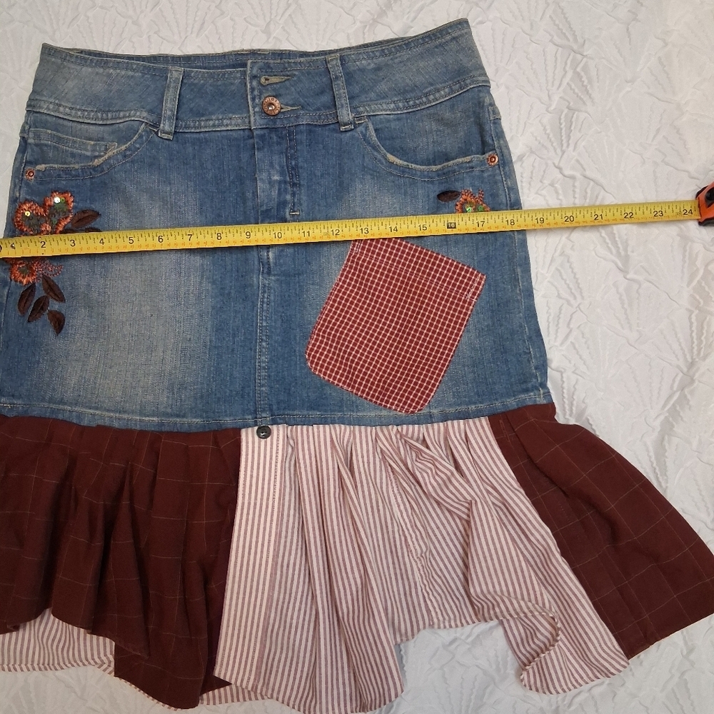 Clash Jeans Ash Patchwork Denim Mini Skirt in Blue, Brown and Cream Size L - Picture 11 of 16
